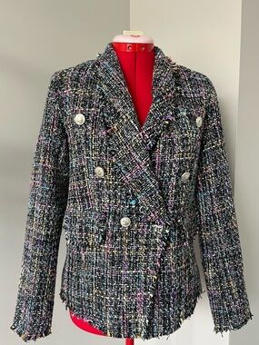 Vici Black Multi Tweed Double-Breasted Blazer with Silver Buttons